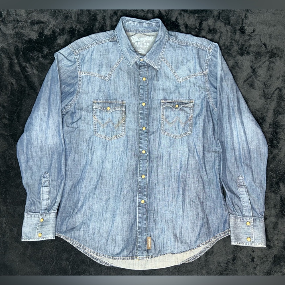 Wrangler Retro Premium Denim Jean Pearl Snap Western Button Up Shirt Mens Large